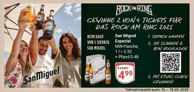 San Miguel Especial 6 x 0,33l für 4,99 € mit Gewinnchance auf Rock am Ring Tickets