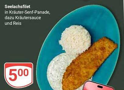 Seelachsfilet in Kräuter-Senf-Panade, dazu Kräutersauce und Reis