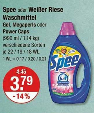 Spee oder Weißer Riese Waschmittel Gel, Megaperls oder Power Caps (990 ml / 1,14 kg)
