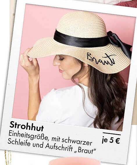 Strohhut mit schwarzer Schleife und Aufschrift "Braut"