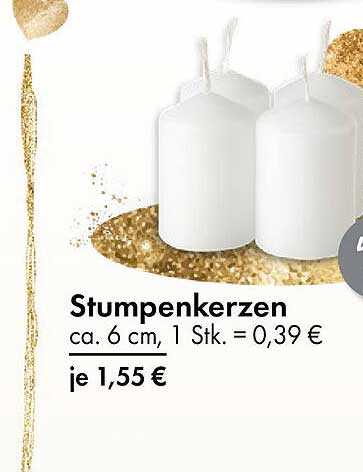 Stumpenkerzen ca. 6 cm, 1 Stk. = 0,39 €