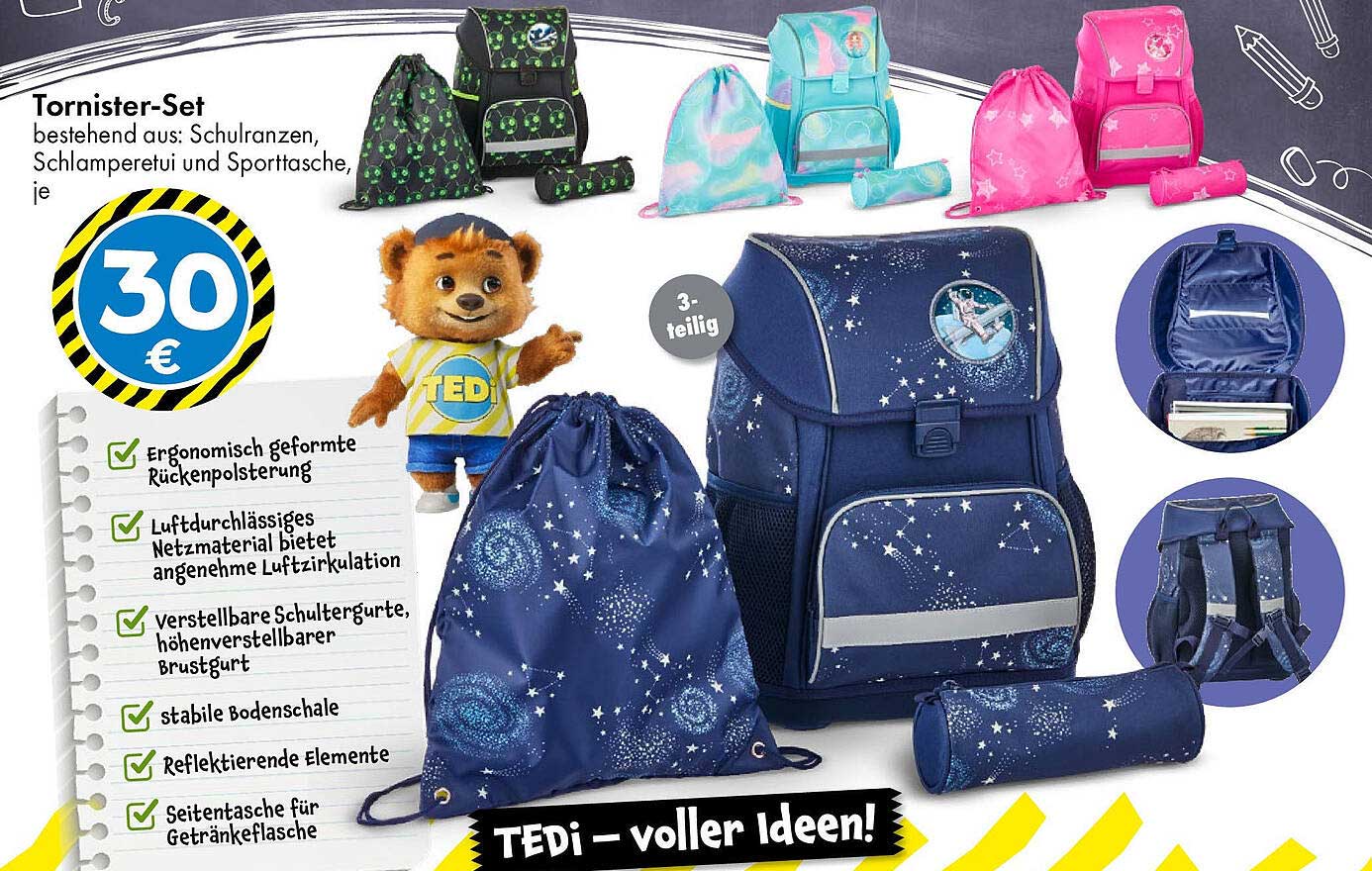 Tornister-Set bestehend aus Schulranzen, Schlamperetui und Sporttasche