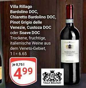 Villa Rillago Bardolino DOC, Chiaretto Bardolino DOC, Pinot Grigio delle Venezie, Custoza DOC oder Soave DOC