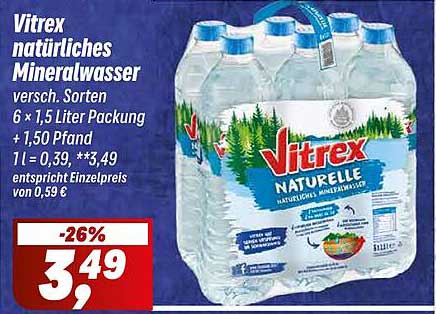 Vitrex natürliches Mineralwasser 6 x 1,5 Liter Packung