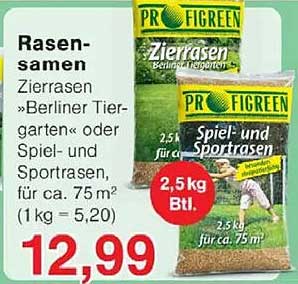 Rasen-samen Zierrasen „Berliner Tier-garten“ oder Spiel- und Sportrasen, für ca. 75 m² (1 kg = 5,20)