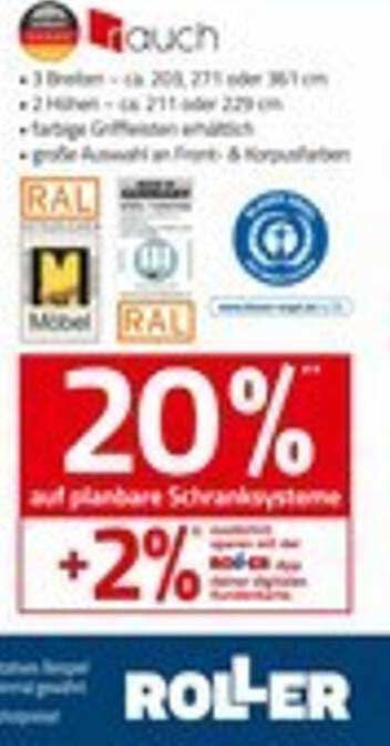20% auf plane Schrank-Systeme bei ROLLER