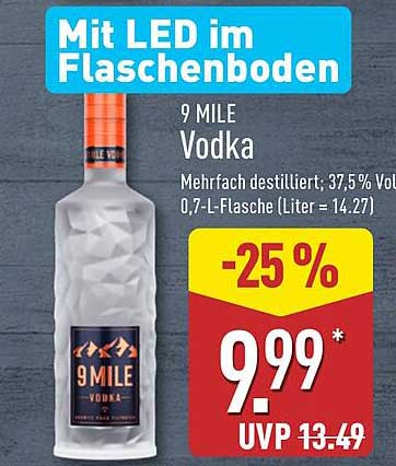 9 MILE Vodka mit LED im Flaschenboden