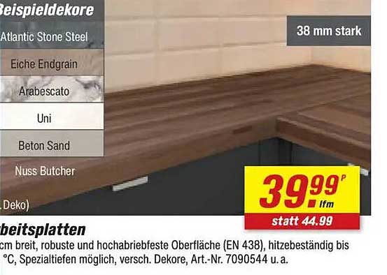 Arbeitsplatten 38 mm stark, erhältlich in verschiedenen Dekoren