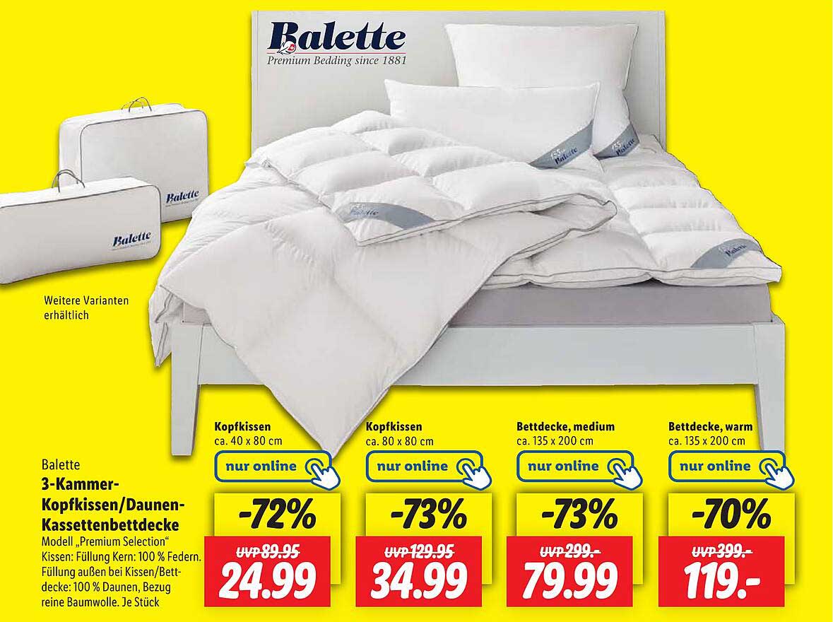 Balette 3-Kammer-Kopfkissen/Daunen-Kassettenbettdecke