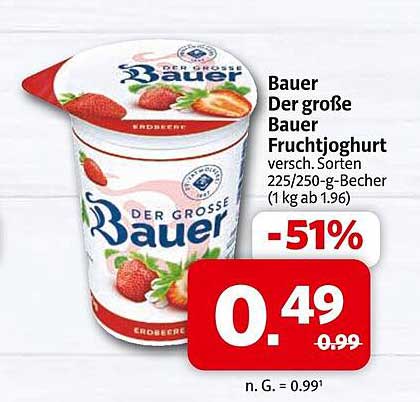 Bauer Der große Bauer Fruchtjoghurt versch. Sorten 225/250-g-Becher (1 kg ab 1.96)