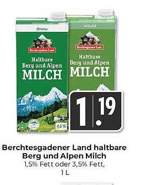Berchtesgadener Land haltbare Berg und Alpen Milch 1,5% Fett oder 3,5% Fett, 1L