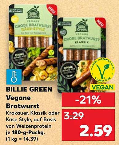 BILLIE GREEN Vegane Bratwurst - Krakauer, Klassik oder Käse Style, auf Basis von Weizenprotein