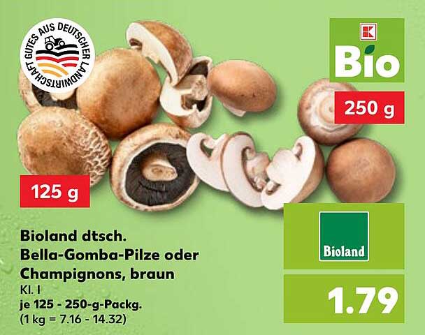 Bioland dtsch. Bella-Gomba-Pilze oder Champignons, braun