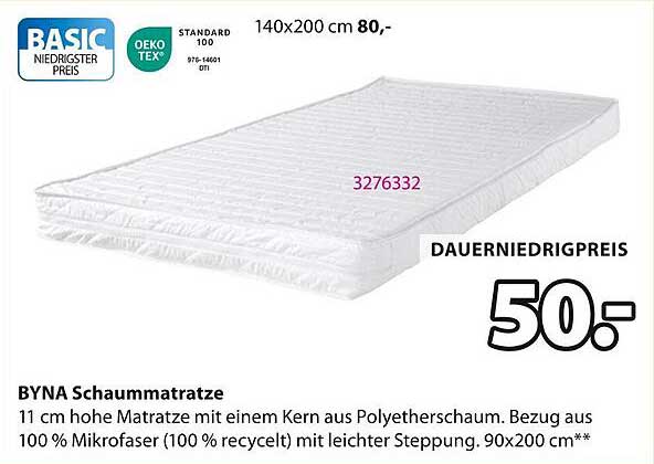 BYNA Schaum-Matratze 90x200 cm zum Dauerniedrigpreis von 50,-