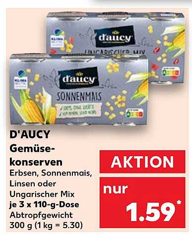 D'AUCY Gemüsekonserven Erbsen, Sonnenmais, Linsen oder Ungarischer Mix 3 x 110-g-Dose