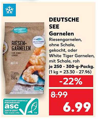 DEUTSCHE SEE Garnelen - Riesengarnelen, ohne Schale, gekocht oder White Tiger Garnelen, mit Schale, roh je 250 - 300-g-Pack.