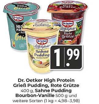 Dr. Oetker High Protein Grieß Pudding, Rote Grütze, 400 g, Sahne Pudding Bourbon-Vanille 500 g und weitere Sorten