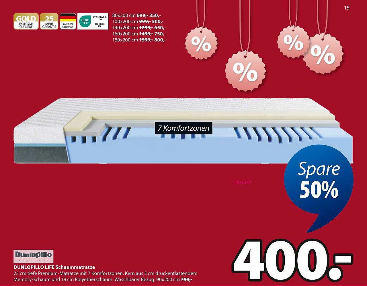 DUNLOPILLO LIFE Schaumstoffmatratze 90x200 cm