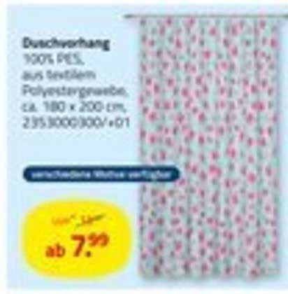 Duschvorhang 100% PES, aus beständigem Polyestergewebe, ca. 180 x 200 cm.