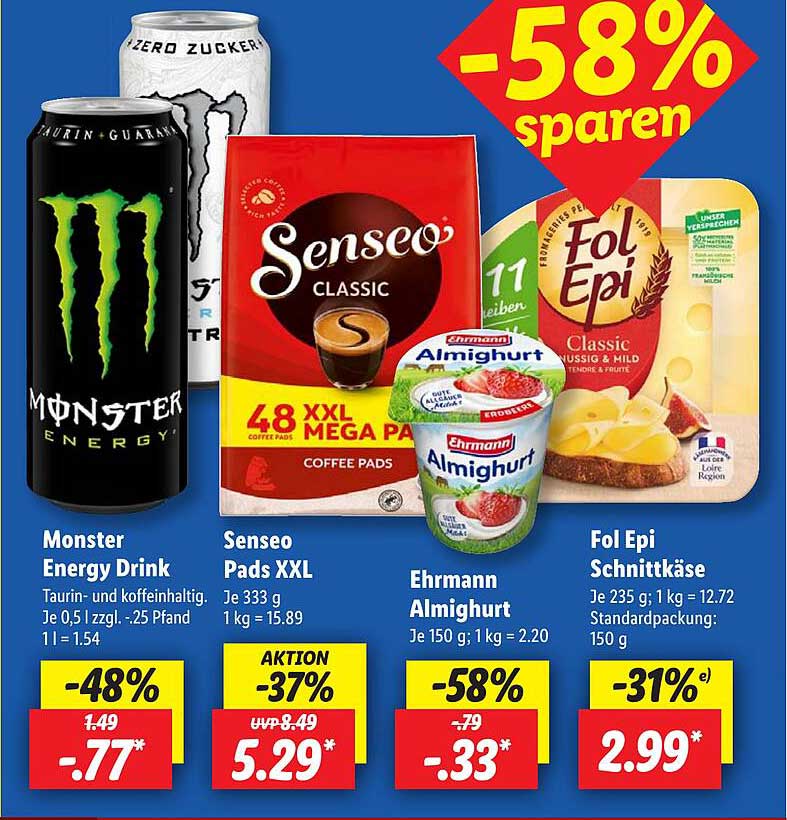 Ehrmann Almighurt, Fol Epi Schnittkäse, Monster Energy Drink und Senseo Pads XXL