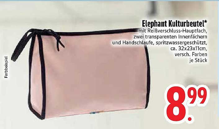Elephant Kulturbeutel* mit Reißverschluss-Hauptfach, zwei transparenten Innenfächern und Handschlaufe, spritzwassergeschützt, ca. 32x23x11cm, versch. Farben