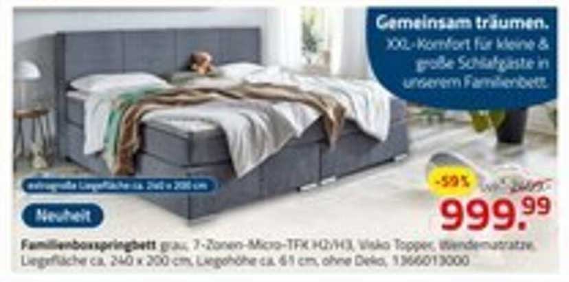 Familienboxspringbett grau, 7-Zonen-Micro-TPK H2/H3, Visko Topper, Wendenutzerat, Liegefläche ca. 240 x 200 cm, Liegehöhe ca. 61 cm, ohne Deko