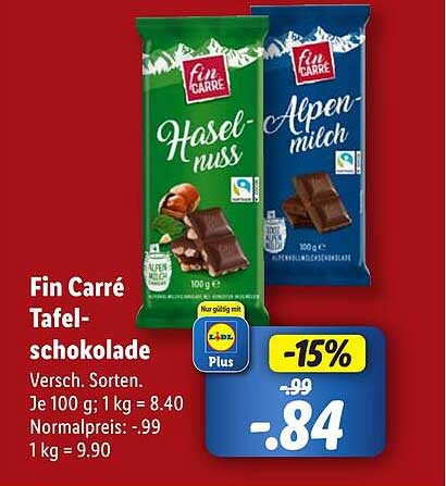Fin Carré Tafel-Schokolade verschiedenen Sorten