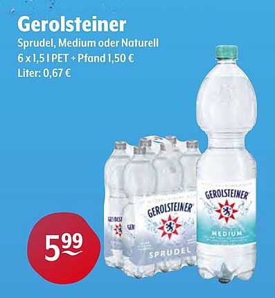 Gerolsteiner Sprudel, Medium oder Naturell 6 x 1,5 l PET + Pfand 1,50 €