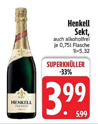 Henkell Sekt, auch alkoholfrei je 0,75l Flasche