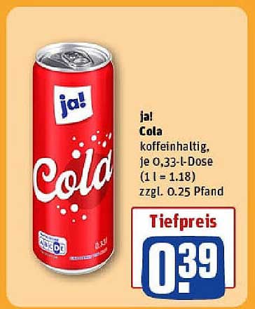 ja! Cola, koffeinhaltig, je 0,33-l-Dose