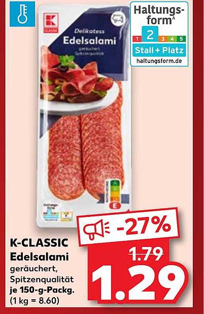 K-CLASSIC Edelsalami geräuchert, Spitzenqualität je 150-g-Pack.