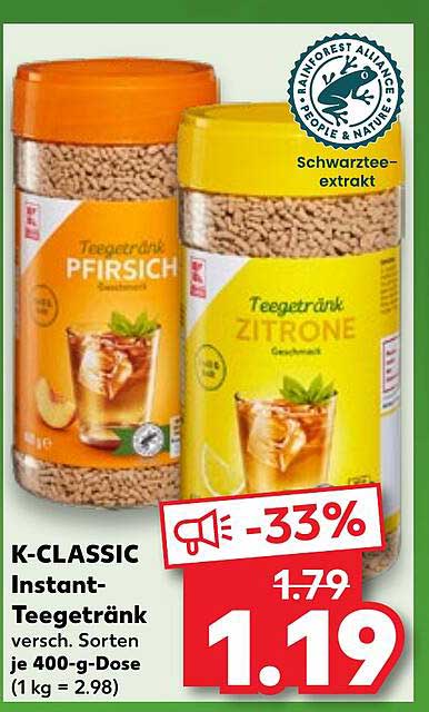 K-CLASSIC Instant-Teegetränk Pfirsich und Zitrone - 33% Rabatt!