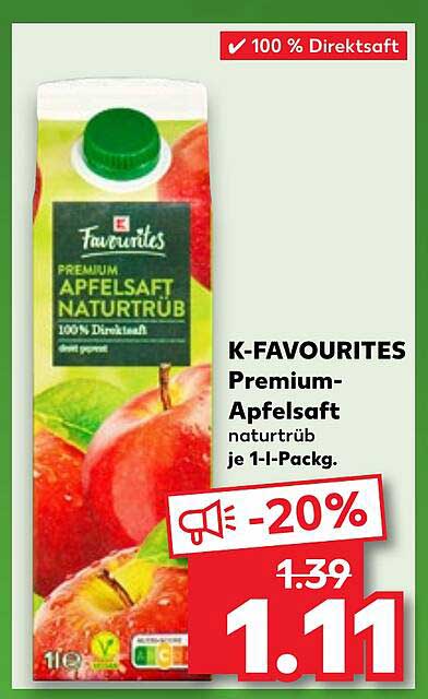 K-Favourites Premium-Apfelsaft naturtrüb je 1-l-Pack.