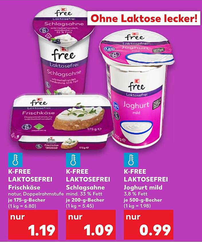 K-FREE Laktosefrei Frischkäse, Schlag sahne und Joghurt mild