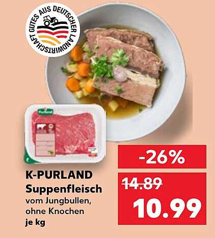 K-PURLAND Suppenfleisch vom Jungbullen, ohne Knochen je kg