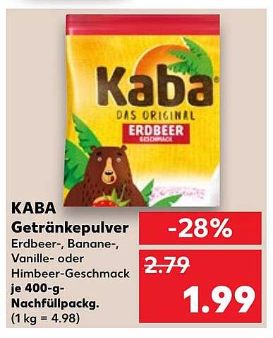 KABA Getränkepulver Erdbeer, Banane, Vanille oder Himbeer-Geschmack 400-g-Nachfüllpack