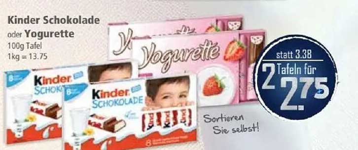 Kinder Schokolade oder Yogurette 100g Tafel - 2 Tafeln für 2,75 €