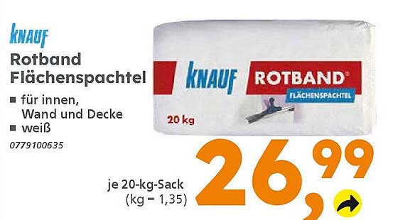 Knauf Rotband Flächenspachtel 20 kg für innen, Wand und Decke - weiß