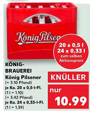 KÖNIG-BRAUEREI König Pilsener 20 x 0,5 l oder 24 x 0,33 l zum Aktionspreis