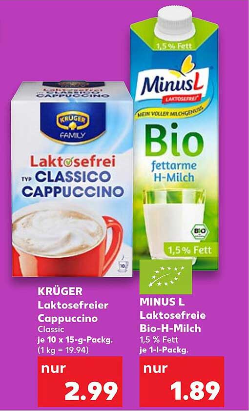 KRÜGER laktosefreier Cappuccino und MINUS L laktosefreie Bio-H-Milch