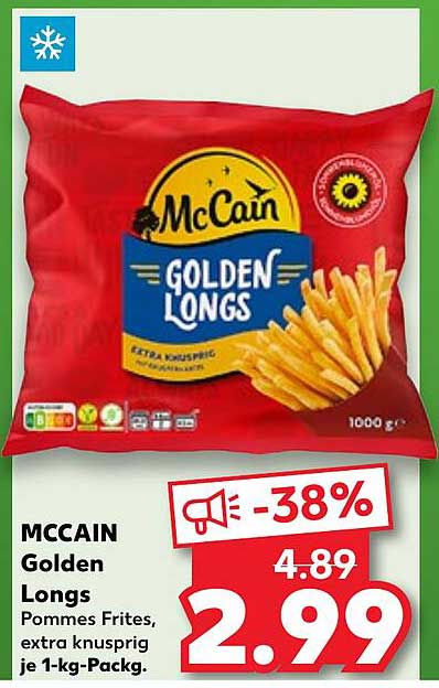MCCAIN Golden Longs Pommes Frites, extra knusprig je 1-kg-Pack.
