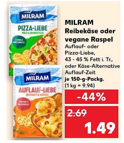 MILRAM Reibekäse oder vegane Raspel
