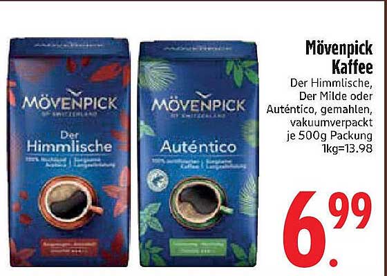 Mövenpick Kaffee – Der Himmlische oder Auténtico, gemahlen, vakuumverpackt 500g