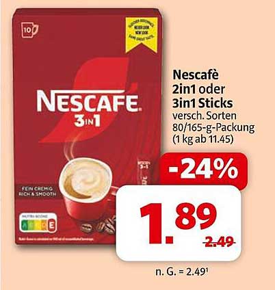 Nescafé 2in1 oder 3in1 Sticks - 80/165 g-Packung