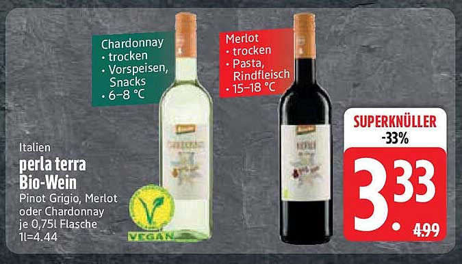 perla terra Bio-Wein - Chardonnay oder Merlot 0,75 l Flasche