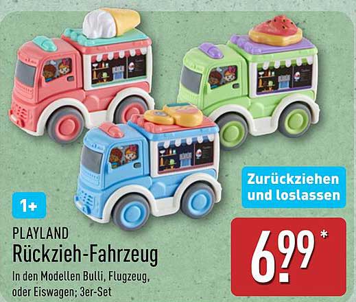PLAYLAND Rückzieh-Fahrzeug 3er-Set – Bulli, Flugzeug oder Eiswagen