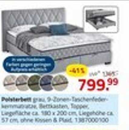 Polsterbett grau, 9-Zonen-Taschenfederkernmatratze, Bettenkasten, Topper