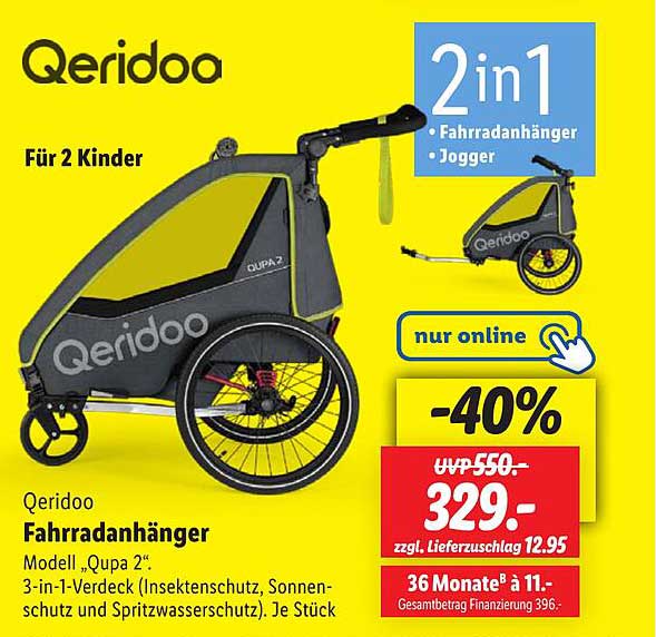 Qeridoo Fahrradanhänger Modell „Qupa 2“ für 2 Kinder