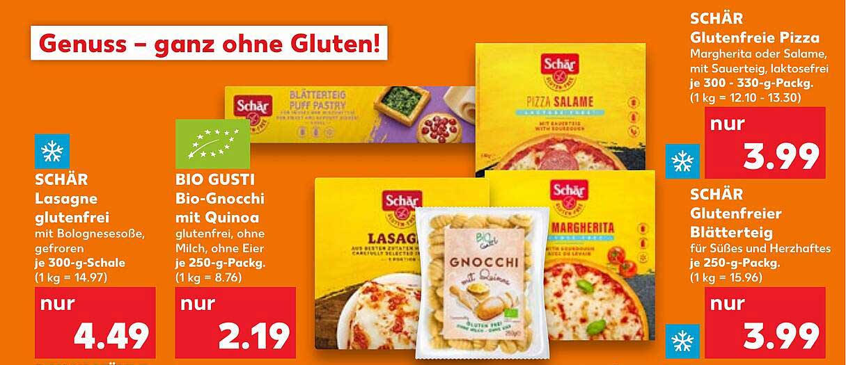 SCHÄR Glutenfreie Pizza Margherita oder Salame, Blätterteig, Lasagne und Bio-Gnocchi mit Quinoa