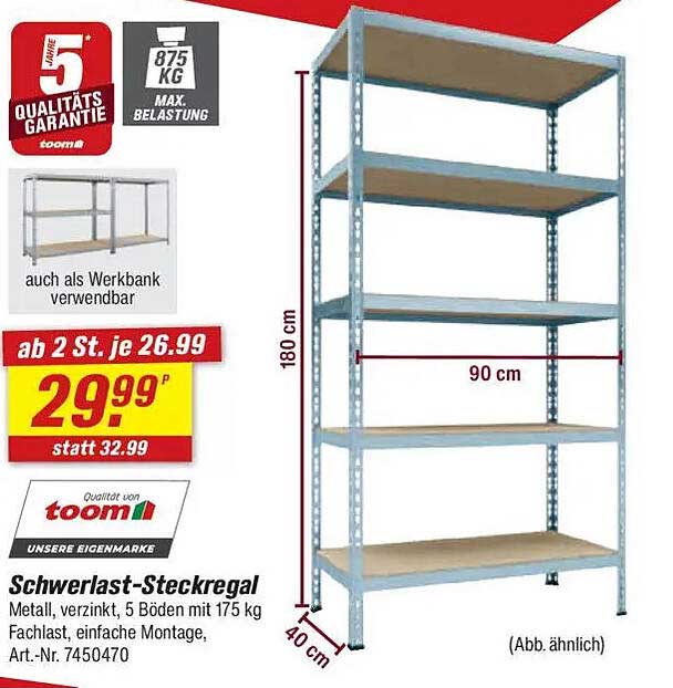 Schwerlast-Steckregal - Metall verzinkt, 5 Böden mit 175 kg Fachlast